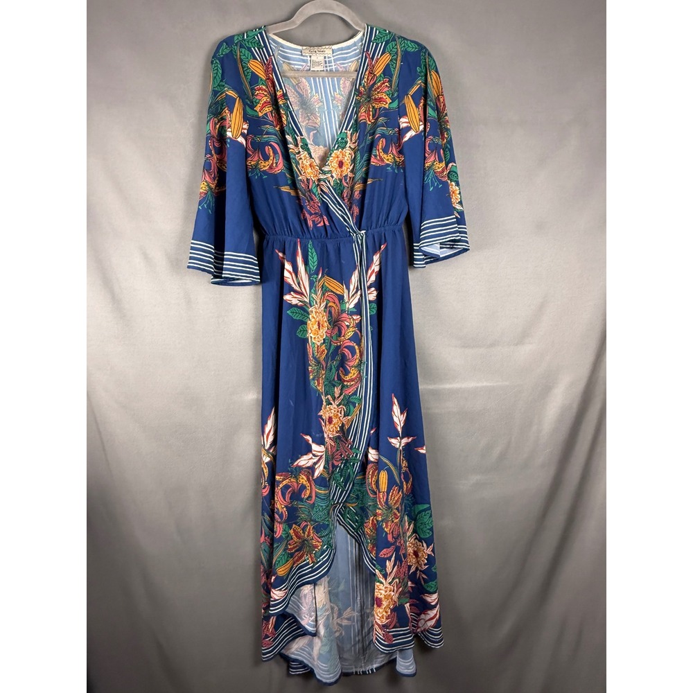 Flying Tomato Maxi Dress Women Small Blue Floral Striped High Low V-Neck ID17096